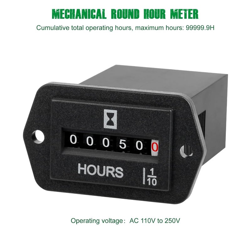 YOOREAL AC 110-250V Mechanical Hour Meter Gauge,No Battery Hourmeter,for Engine Tractor Generator Inverter Boat RV Zero Lawn Mower Snow Blower(AC 110-250V) - Image 2